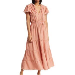 MAX STUDIO Gingham Flutter Sleeve Tiered Maxi Dress Red Cream Beige Cottagecore